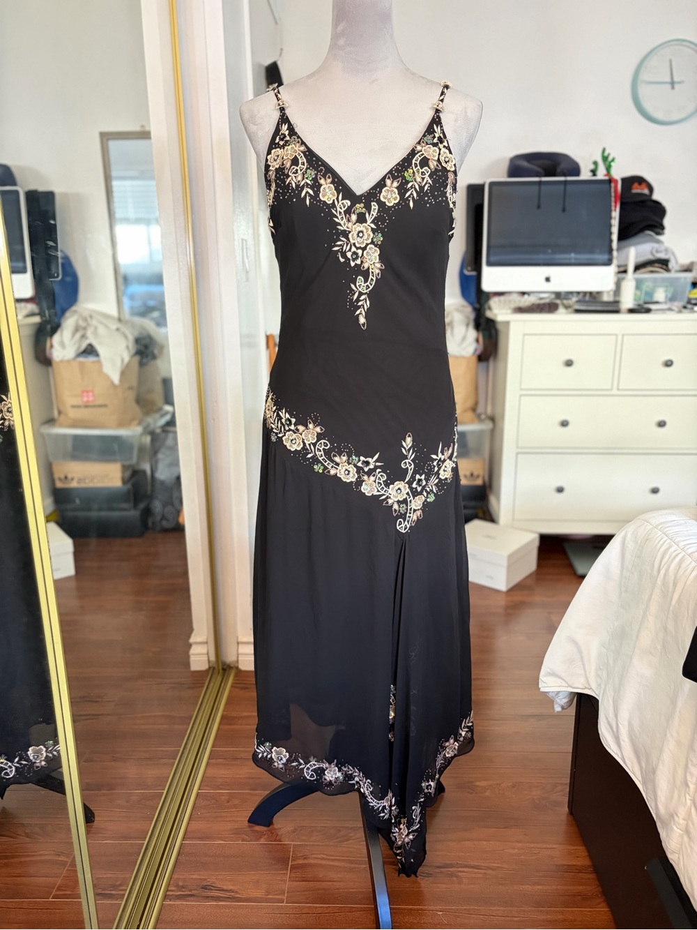 Black Floral Embroidered Slip Dress